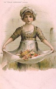 彼女のエプロンで花を持つ少女 作： Maude Goodman